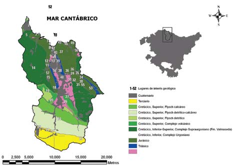 Figura 7. Mapa geológico de la Reserva de la Biosfera de Urdaibai y localización de sus Lugares de Interés Geológico.