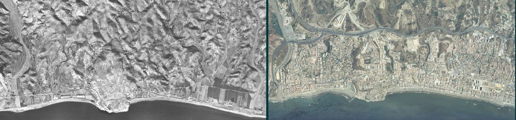 Ortoimágenes del litoral del Rincón de la Victoria en 1957 y 2007. Fuente: Junta de Andalucía.